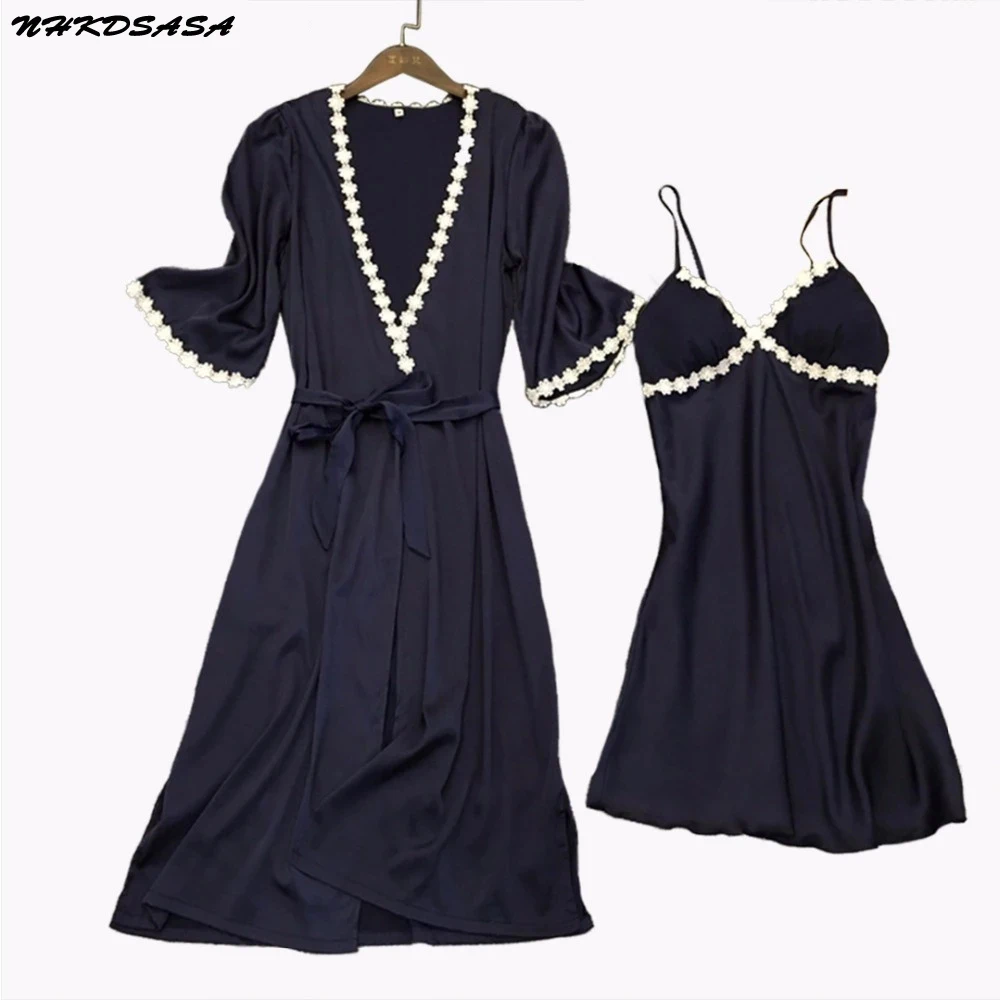 

2 Pieces Women Pajamas Sets Faux Silk Pajamas Sleepwear Sets Embroidery Lace Bath Gown Wedding Night Dress Robe With Belt