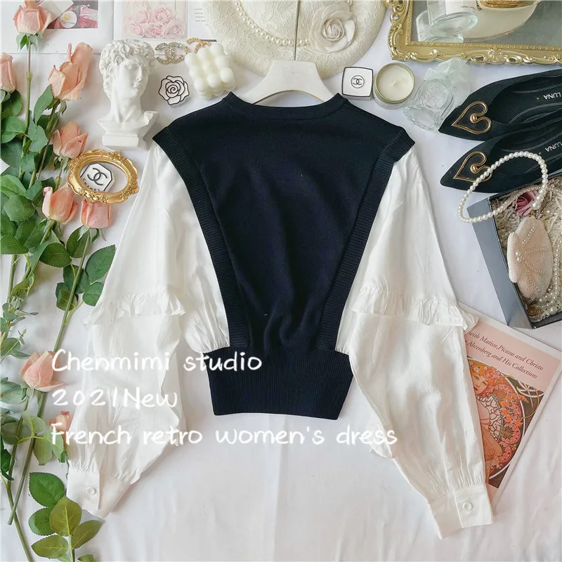 

2021 Spring Retro Black White Patchwork Knitted Blouse Elegant Contrast Color Shirt Splicing Knitwear Lantern Sleeve Women Tops