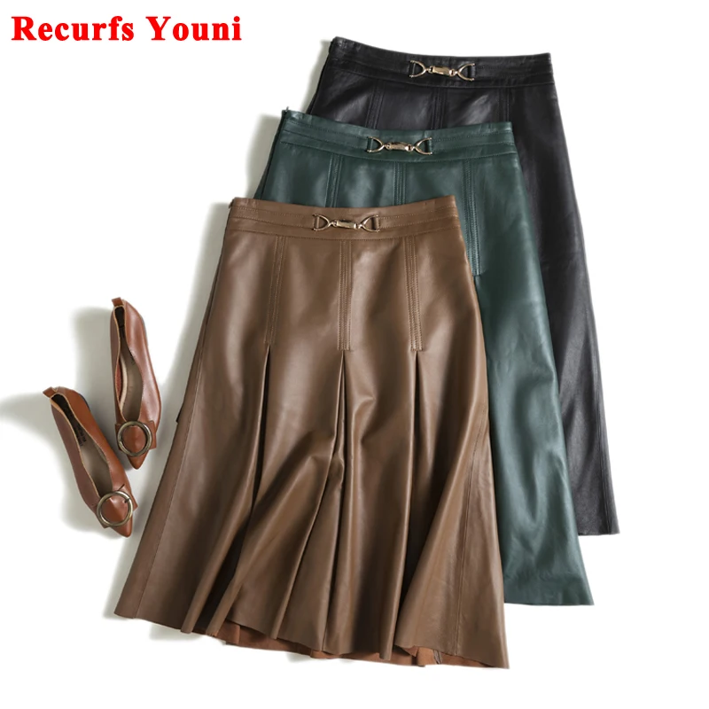Literary Retro Leather Skirts Women Female 3D Metal  Tailoring High Waist Mid Long Sheepskin Green Pleated Jupe Falda De Mujer