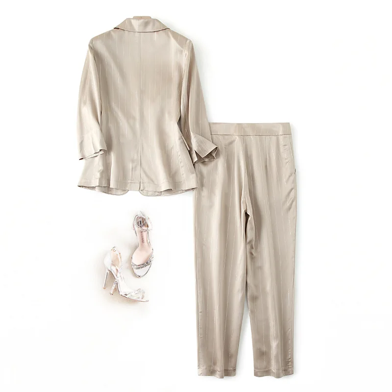 woman 2 piece sets 2020 spring summer office ladies work golden striped blazers coats + slim pencil pants suit sets S-3XL JC342