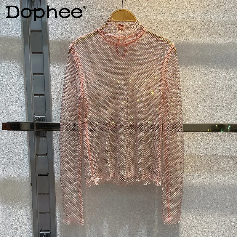 

Светящаяся Облегающая рубашка с вырезом в стиле социалита, футболка Стразы, топы с длинными рукавами для пожилых женщин, женские футболки