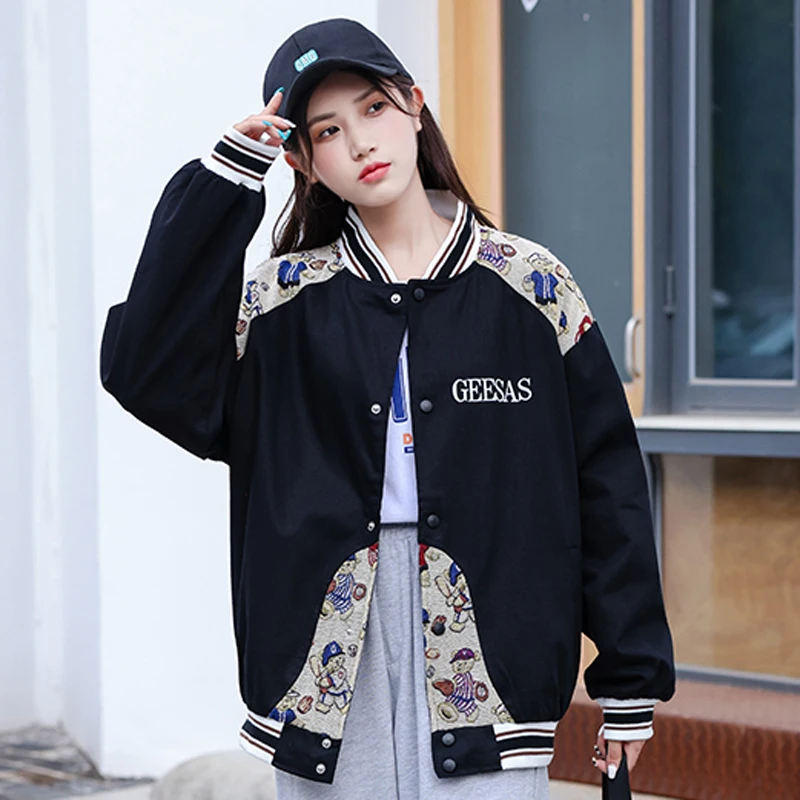 

Zoki Autumn Vintage Design Baseball Jacket Women Loose Casual Coats Patchwork Black Lady Outwear Street Wear Clothes New