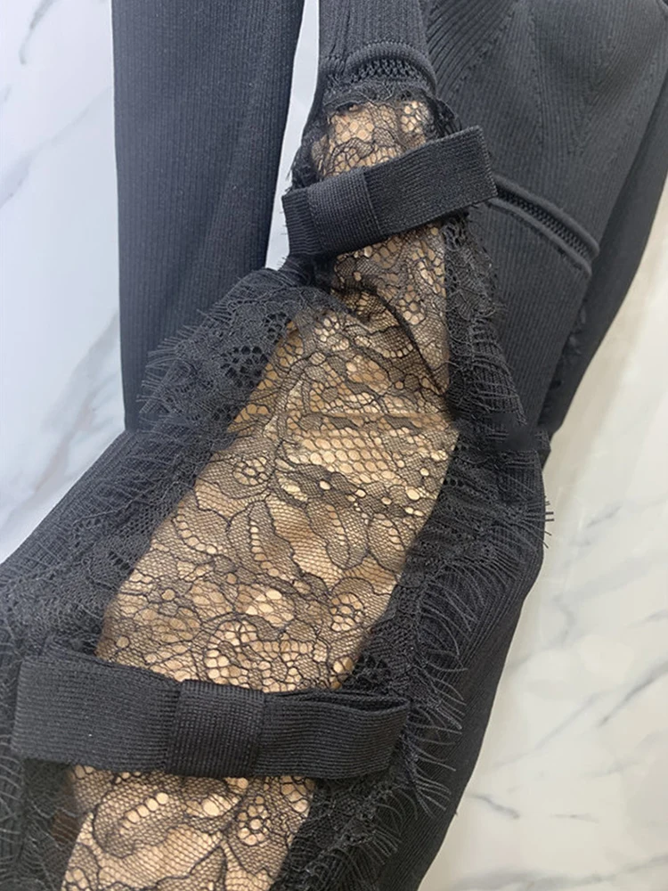 

Sexy Leaky Back Side Splicing Lace Bowknot Elastic Knitted Sweater Tight-fitting Dress Ladies Autumn New Fashion