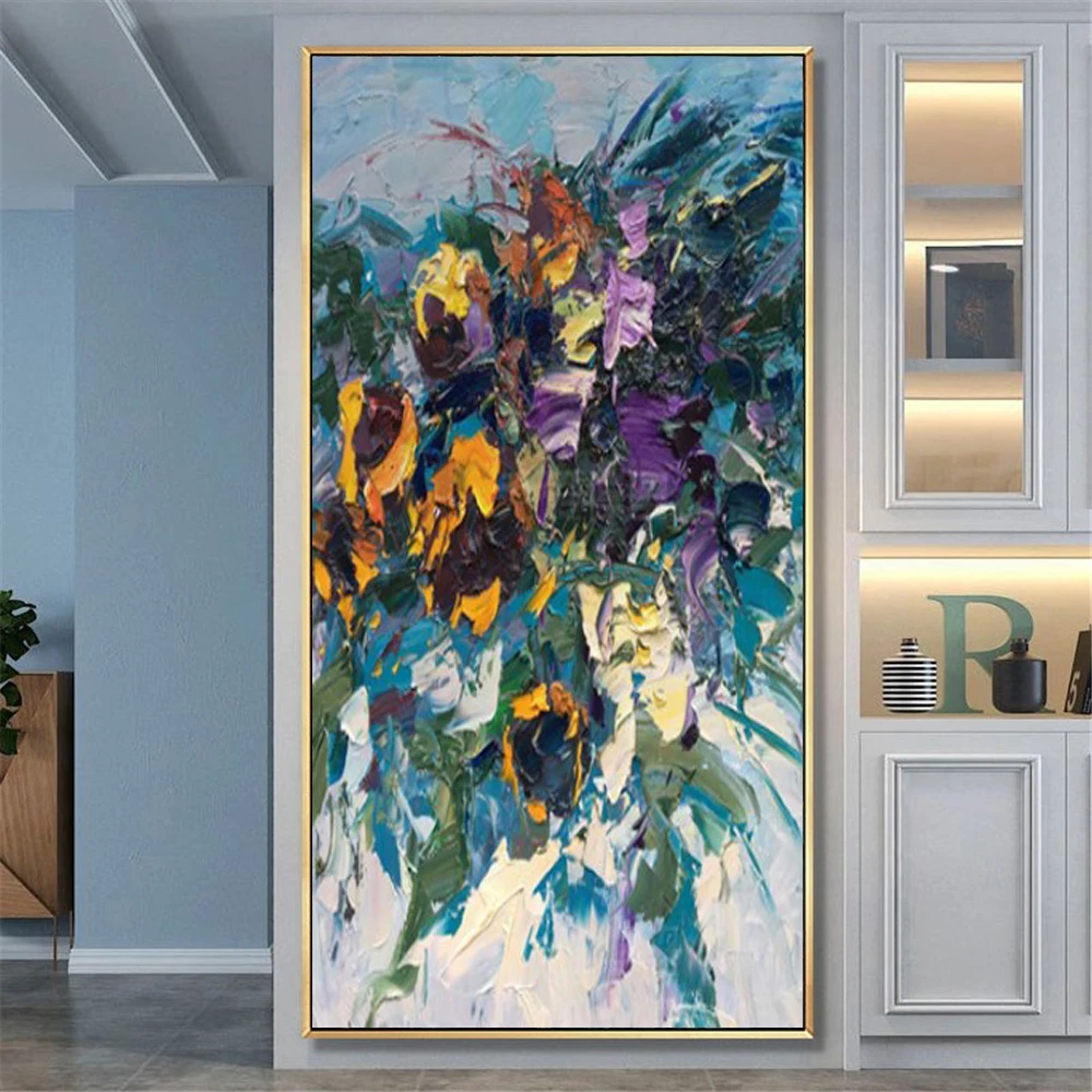 

Abstract oil painting modern living room porch european Aisle mural abstract wall painting large size White blue flower