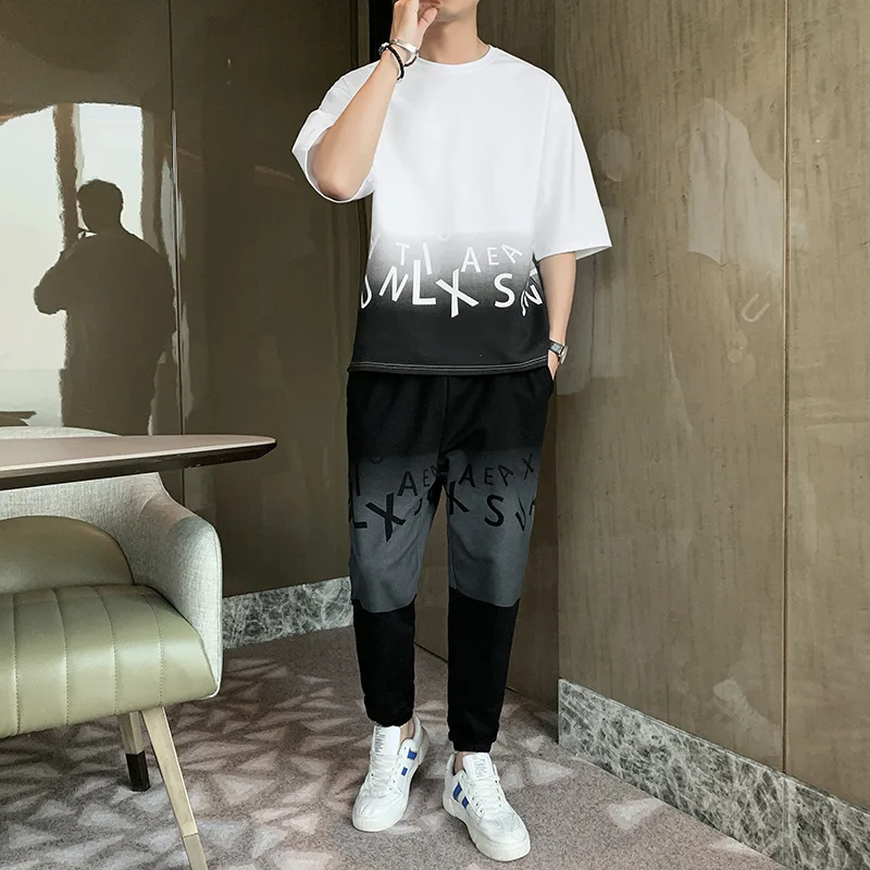 

2021 new men's Korean leisure fashion suit youth handsome trendy brand tapered short sleeve T-shirt two piece set