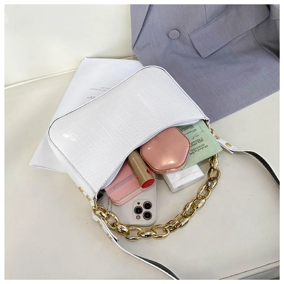 

Quality PU Leather Women Bag Chains Decoration Solid Color Shoulder Messenger Bags Zipper Shoping Handbag And Purse Korean Style