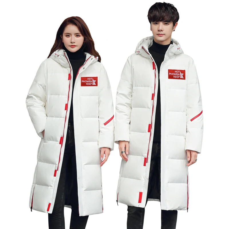 New 2021 white duck down thickened casual fashion down jacket hooded couples long winter snow skiing for men and women big coat
