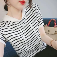 2022 summer hooded striped pullovers woman sweater knitted short sleeve top femme casual elasticity women clothing korean style