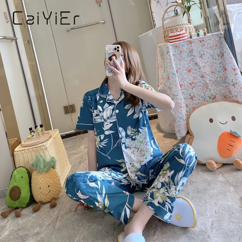 

CAIYIER Women Pajamas Set Summer Short-sleeved Pants Pyjamas Suit Women's Flower Printed Nightwear Soft Sleepwear Big Size M-5XL