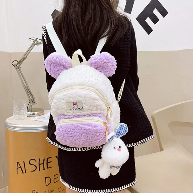 

Kids Cute Rabbit Pendant Girls Boys Fashion Backpack Various Colors Mini Plush Children Kawai Backpack Lamb Wool In Kindergarten