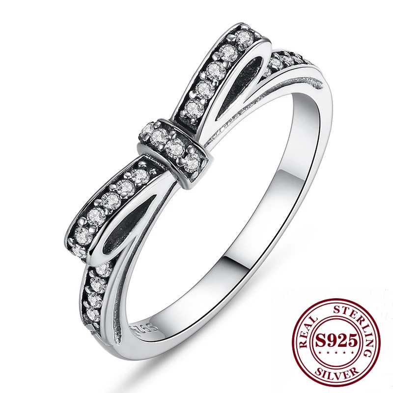 

Claudia Fashion Valentine's Day Authentic 100% 925 Sterling Silver Bow Knot Wedding Ring With Crystal Original Jewelry