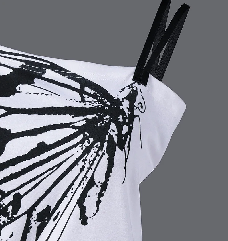 Летняя белая футболка с принтом бабочки модный тренд короткими рукавами и поясом