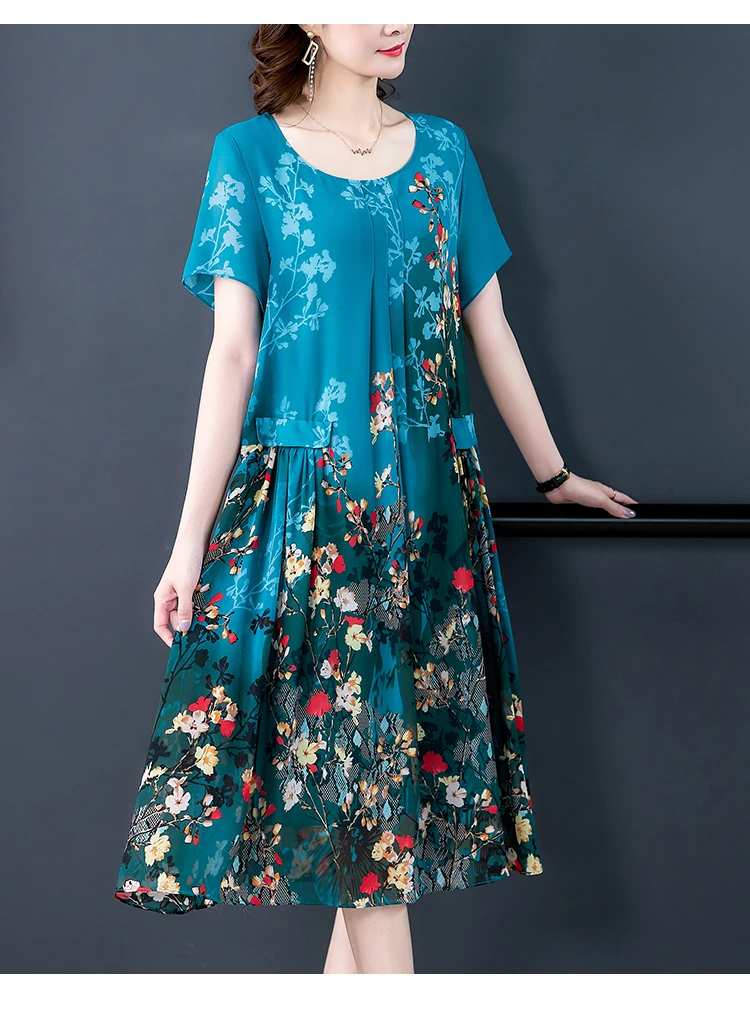 

2021 Blue Floral Chiffon Vintage Midi Dresses Elegant Female 4XL Plus Size Print Sundress Summer Party Bodycon Runway Vestidos