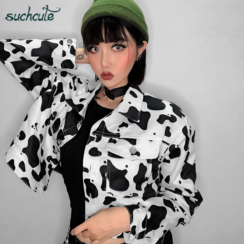 SUCHCUTE, Женская куртка с принтом коровы, пальто для женщин, корейский стиль, Modis Longslive, повседневная, осень, кнопка, Harajuku, уличная одежда, пальто