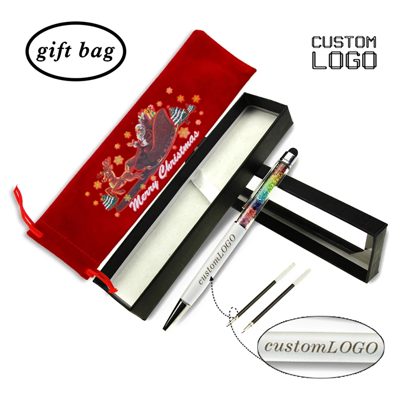

1Set Touch Screen Capacitive Ball Pens Crystal Ballpoint Pens Laser Custom Logo Metal Ball Christmas Bag Stationery With Pen Box