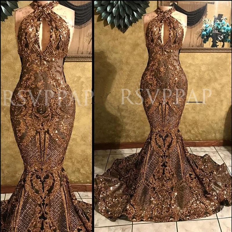 

Real Picture Long Prom Dress 2020 Stunning Gold Sequin Cut-Out Front Mermai African Black Girl Prom Dresses
