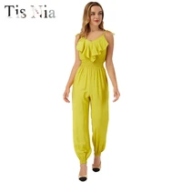 2021 summer womens sleeveless hanging wide loose trousers solid color casual trousers overalls solid color ruffled jumpsuit