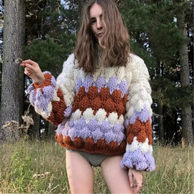 

Women's Chic Striped Sweaters Winter Oversized Hand Knitted Cardigans Long Sleeve Boho Cotton Pullovers Mujer Colorful Sweater