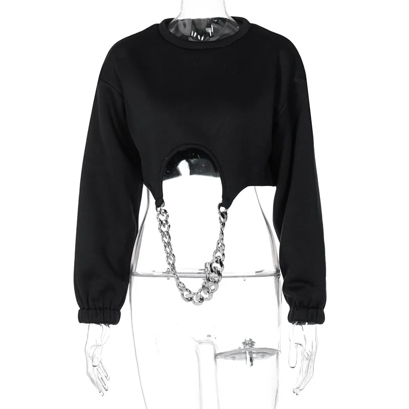 

Euro American style 2021 winter new fashion street patting round neck open navel long sleeve irregular top