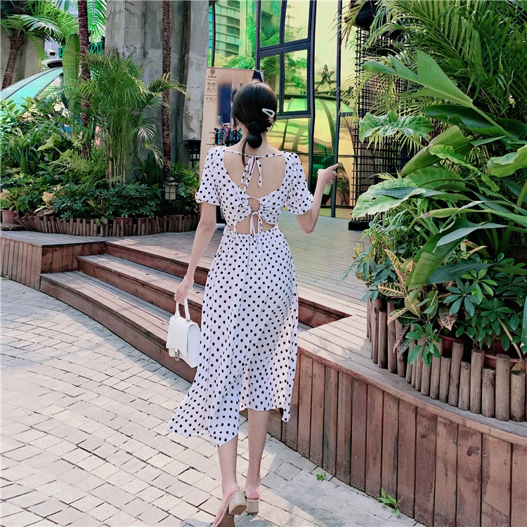 

Dresses for Women 2021 Summer Square Collar Puff Short Sleeve Midi Dress Wave Point Black and White Backless Pullover Dress