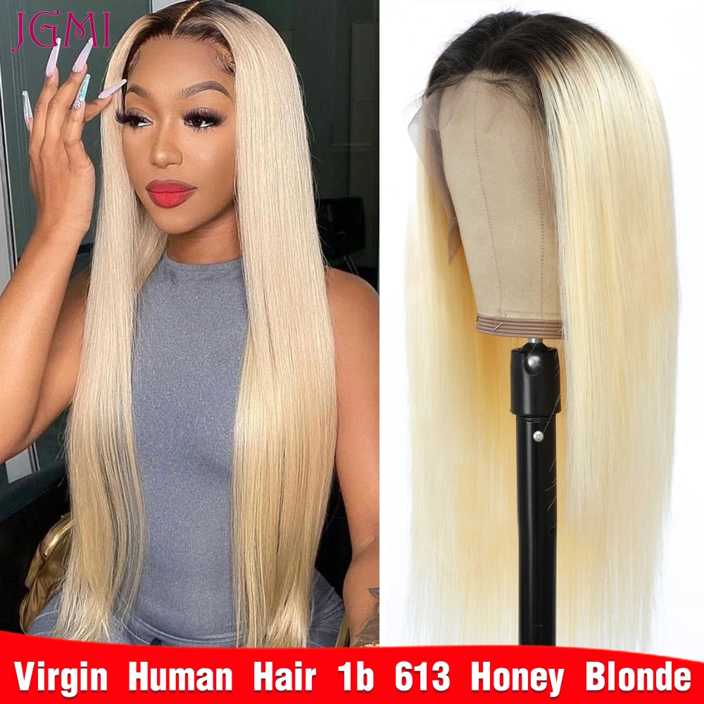 

1b 613 Honey Blonde Straight Omber Black Root 4x4 13x4 Half Lace Frontal Closure Glueless Human Hair Wigs For White Women