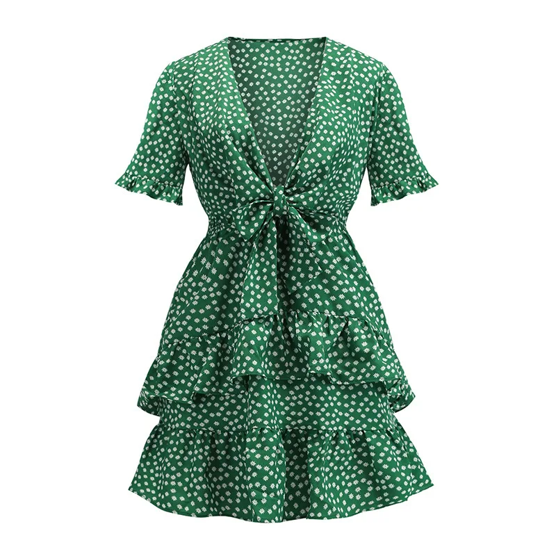 

2020 new women's summer new women's V-neck short sleeve bow print dress sexy dress