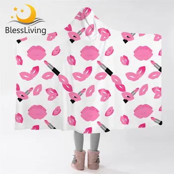 Blessliving Lipstick Hooded Blanket Adult Gilrs Soft Sherpa Fleece Blanket Pink Lips Wearable Blanket Hoodie Fashion Cobertor 1