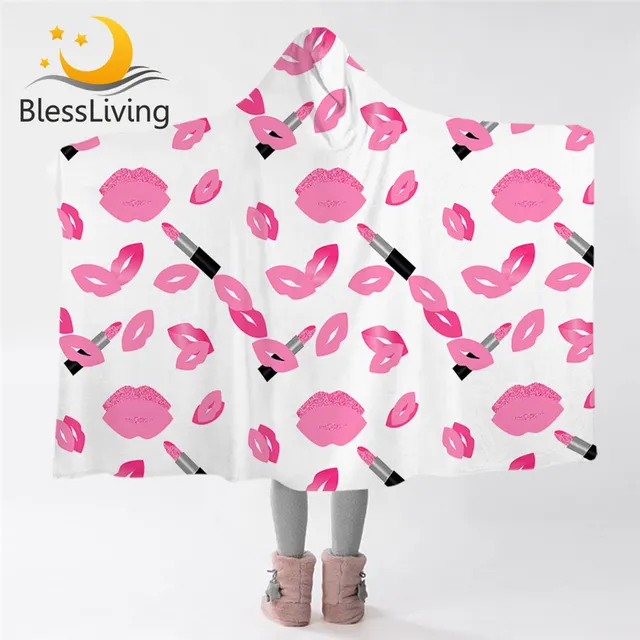 Blessliving Lipstick Hooded Blanket Adult Gilrs Soft Sherpa Fleece Blanket Pink Lips Wearable Blanket Hoodie Fashion Cobertor 1