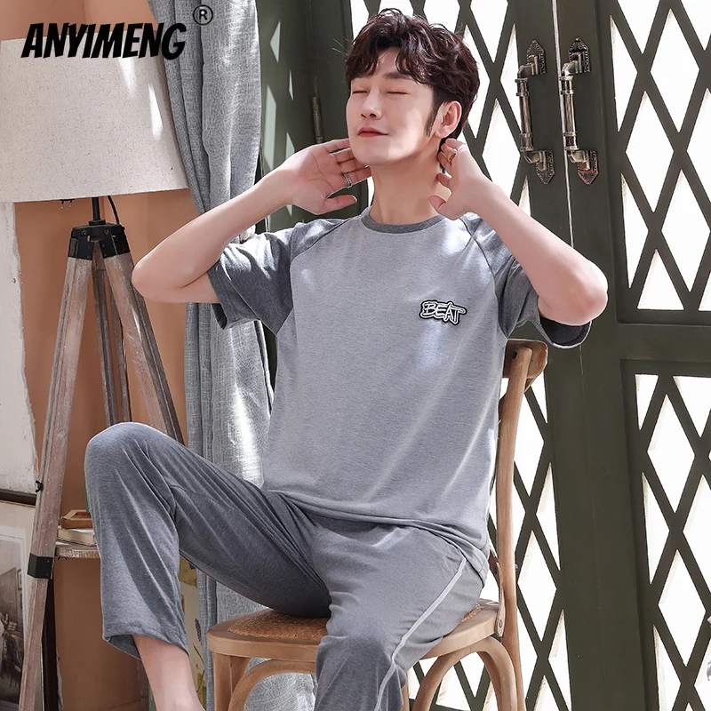 

New Pajama Set Men Sleepwear Cotton Spring Summer Loungewear Plus Size 3xl 4xl Solid Pullover Sporty Home Suits Fashion Homewear