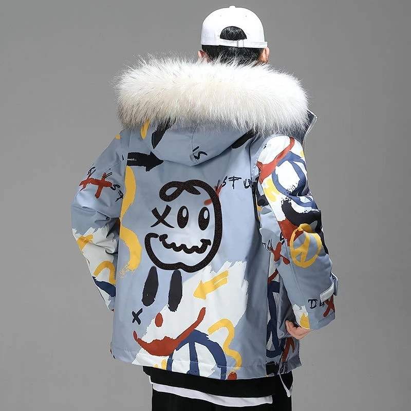 INS Lover Coat Jacke Big Fur Collar White Down Jacket Women 2021 Winter Jackets For Couple Loose Thick Warm Hooded Jacket Female