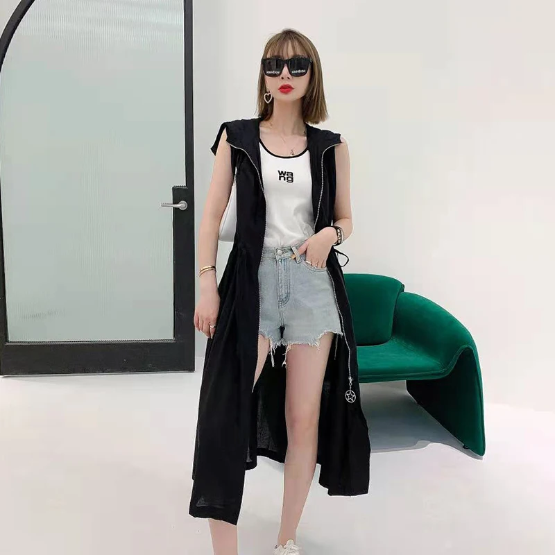 

CHICEVER Casual Black Vest For Women Lapel Collar Sleeveless Mid Drawstring Designer Minimalist Solid Vests Female Fashion Style