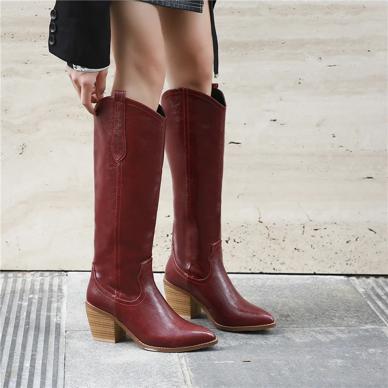 Новые 2020 зимние теплые сапоги до колена в западном стиле Женские ковбойские с