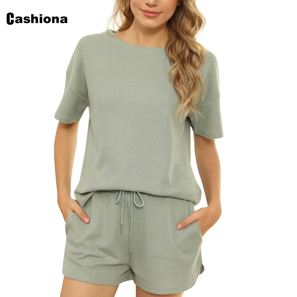 

Cashiona Solid Women Two Piece Set 2021 New Summer Short Sleeve Tops Drawstring Shorts Set Plus size Woman Tracksuit Streetwear