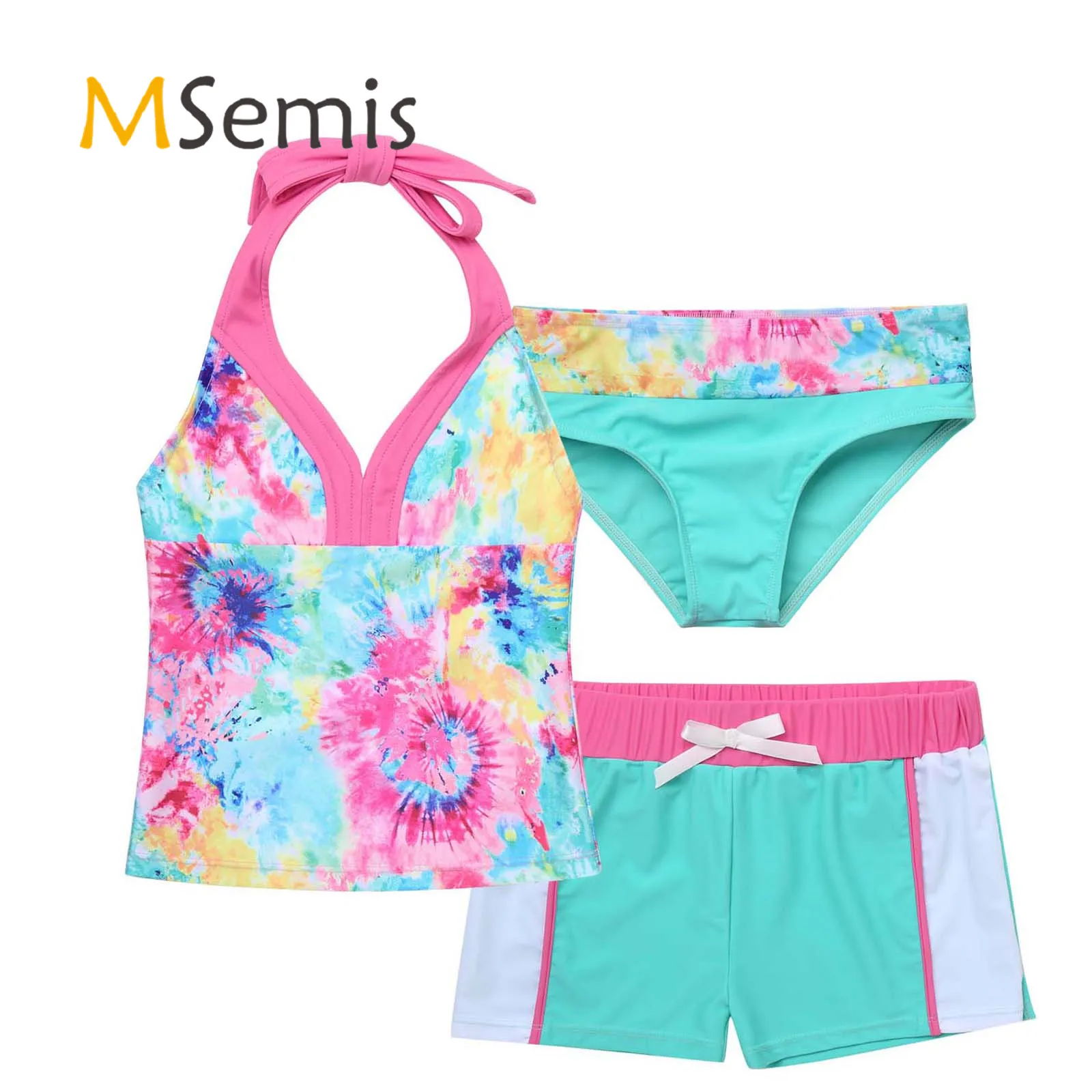 Детский купальник для девочек с лямкой на шее топ эластичным поясом женский