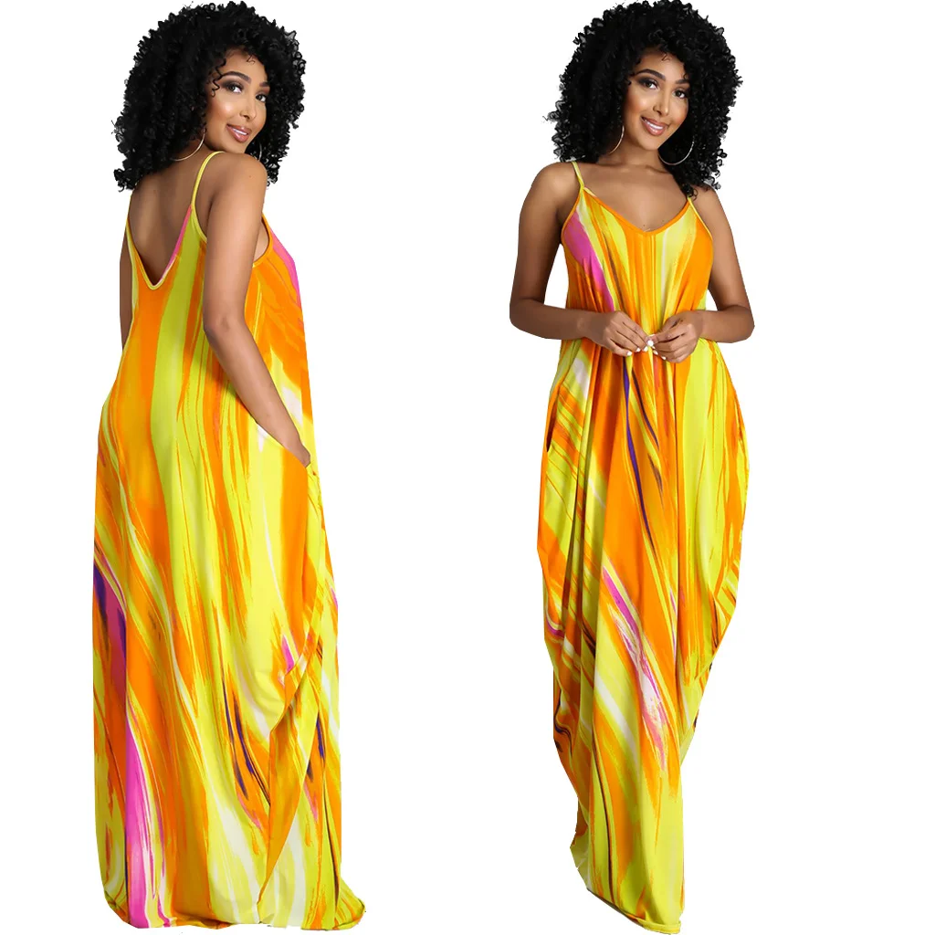 

Vintage Sexy Sleeveless Double V-neck Sling Dress Beach Bohemian Women Summer Sundress Spaghetti Strap Printing Beach Maxi Dress
