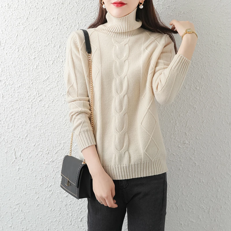 

cashmere sweater women loose thick high-neck wool twist sweater wild knitted bottoming shirt long sleeved pullover