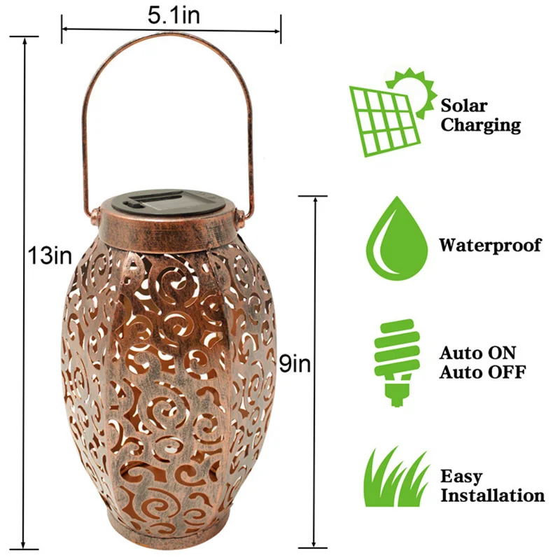 

New LED Retro Garden Solar Lamp Metal Hollow Shadow Projection Hanging Lantern Outdoor Lighting Waterproof Landscape Light