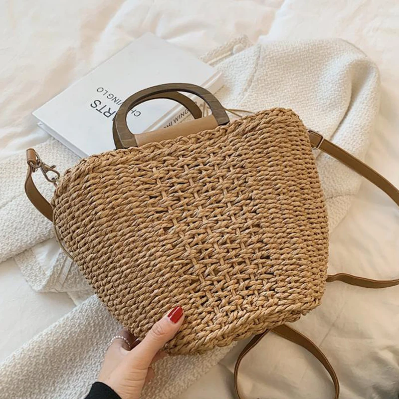 

Summer Beach Straw Bucket Women Shoulder Bag Wooden Handle Handbag Women's Bag Casual Straw Weaving Crossbody Bags For Women New
