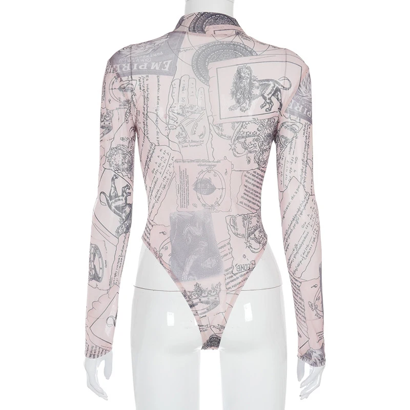 

ONEINALL Print Sexy Bodysuits For Women Stand Collar Long Sleeve High Waist Hit Color Jumpsuits Female Summer Clothing 2021 Tide