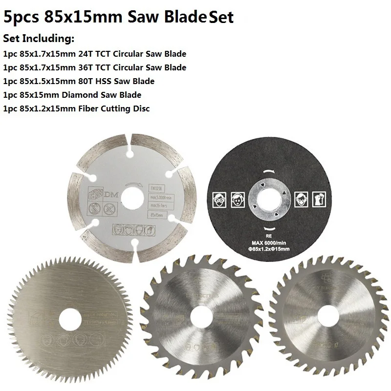 

Circular Saw Blade 5pcs Diameter 85mm Carbide Tipped Saw Blade Kit Tct Metal Wood Cutting Disc