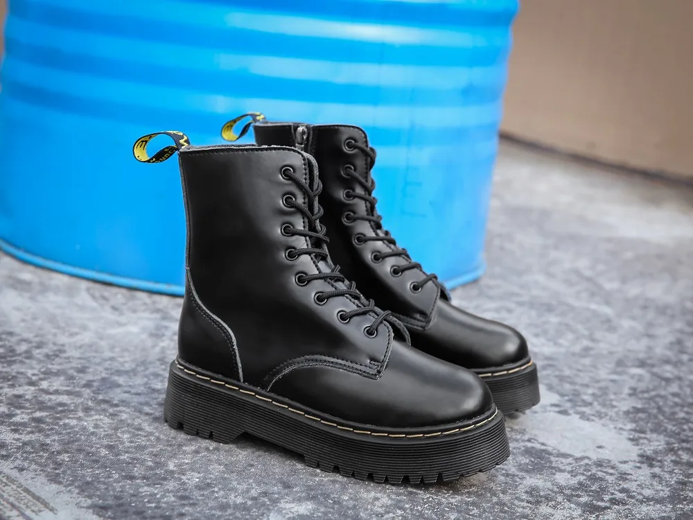 CEVABULE Women Martin Boots Genunie Leather Thick Heel Platfrom Martin Boots Boots Women Side Zipper Boots Leather Boots
