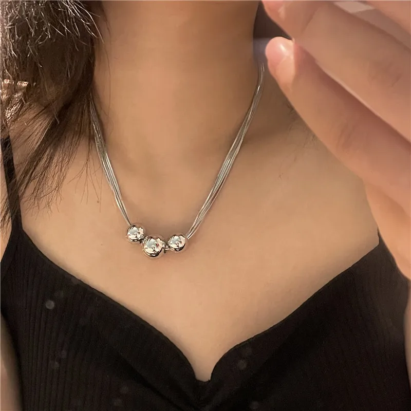 

U-Magical Hiphop Multi-layer Geometric Round Ball Beaded Pendant Necklace for Women French Silver Color Metal Necklace Jewellery