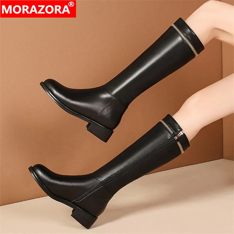 

MORAZORA 2021 Big size 35-45 fashion knee high boots genuine leather boots med heels round toe zip women boots ladies shoes