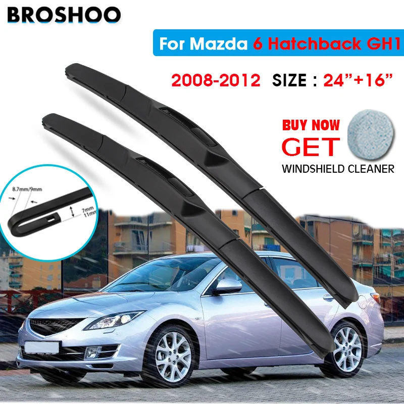 Car Wiper Blade For Mazda 6 Hatchback GH1 24"+16" 2008-2012 Auto Windscreen Windshield Wipers Blades Window Wash Fit U Hook Arms