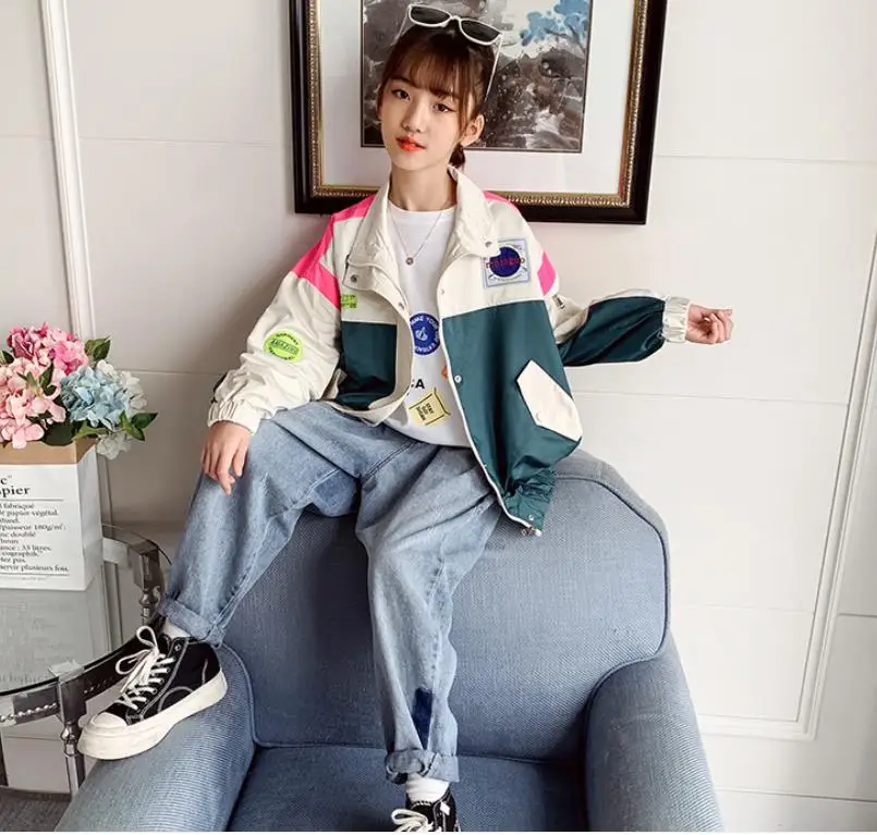 

Baby girl patchwork coats children spring autumn new loose hooded jacket kids Windbreaker teenage trench 4-16Y wz412