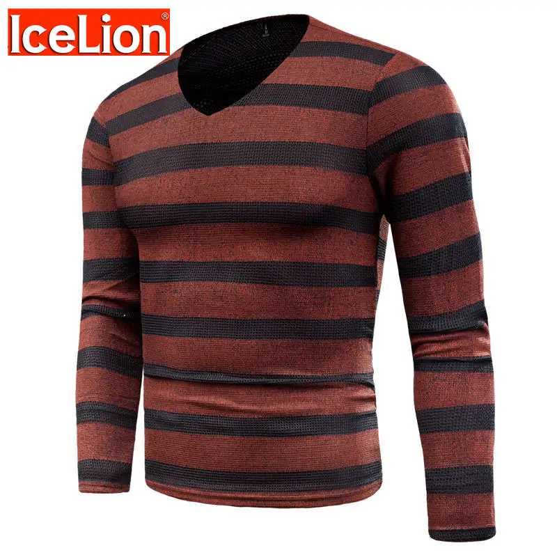 

IceLion 2021 Autumn V-Neck T Shirt Men Fashion Stripe Solid T-shirt Thicken Bodybuilding Long Sleeve Personality Tees Clothing