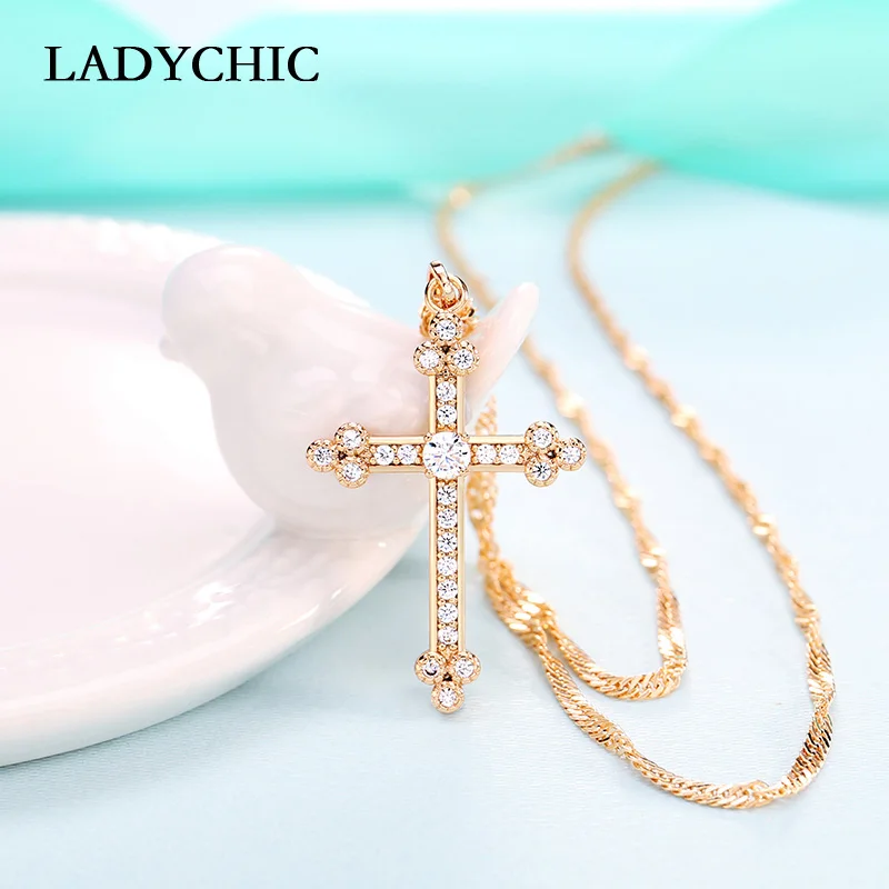 LADYCHIC классический золотой цвет крест кулон ожерелье выложено AAA уровня циркония