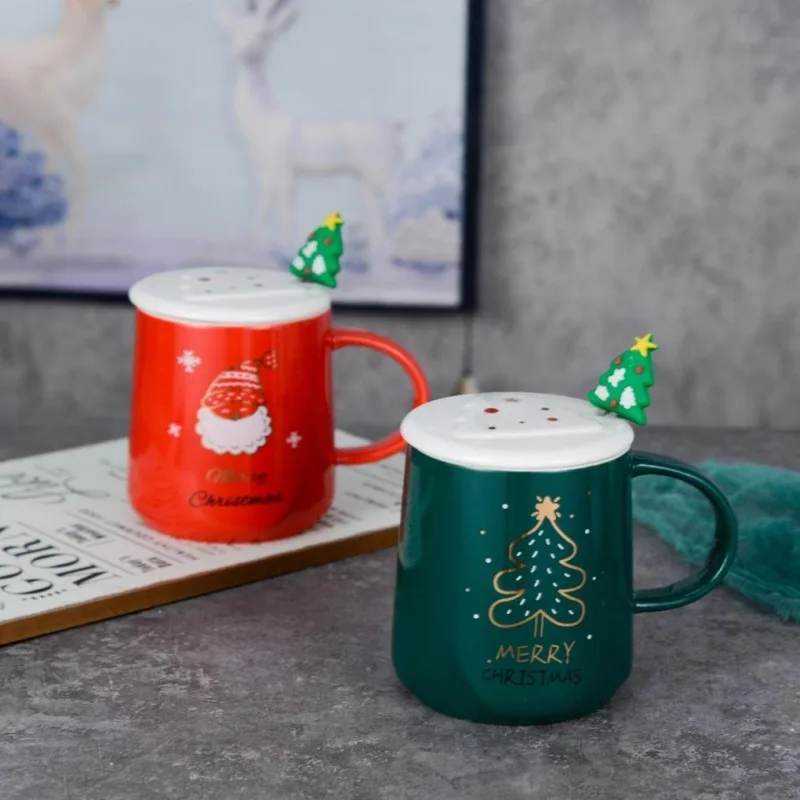 

Cup ceramic cup creative with lid spoon mark christmas decoration