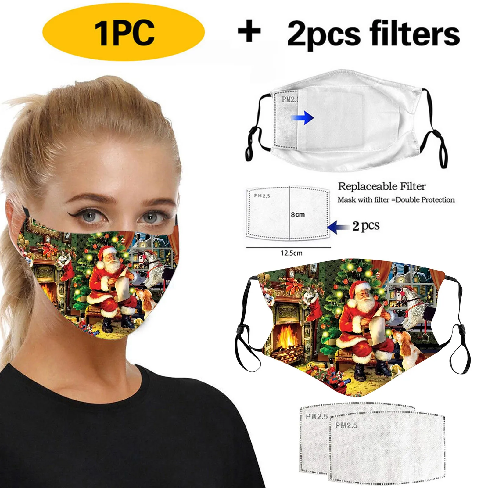 

Christmas Printed Face Mask With 2pcs Filtros Mascarillas Pm2.5 Filter Washable Protect Face Mouth Cover Outdoor Dustproof