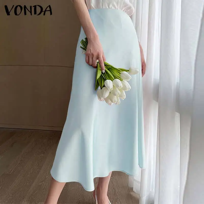 

VONDA Elegant OL Style Midi Skirts 2021 Fashion Women High Waist Side Slit A-line Satin Skirt Party Long Skirts Faldas De Mujer